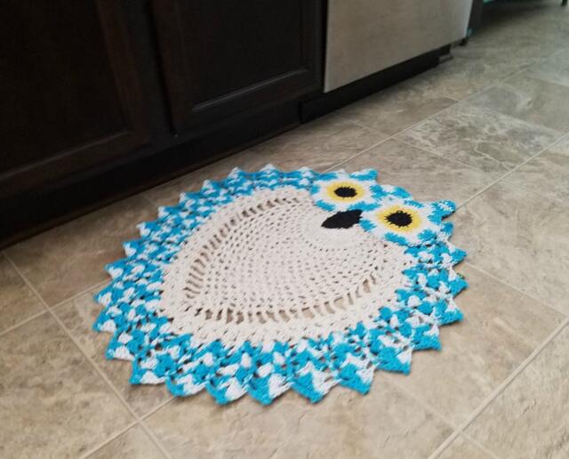 2 Tone Hand Crocheted Aqua Blue & White Owl Rug - Grandmillennial - image 1