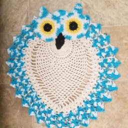 2 Tone Hand Crocheted Aqua Blue & White Owl Rug - Grandmillennial - thumbnail 2