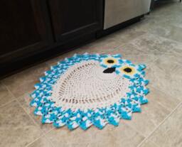 2 Tone Hand Crocheted Aqua Blue & White Owl Rug - Grandmillennial - thumbnail 1