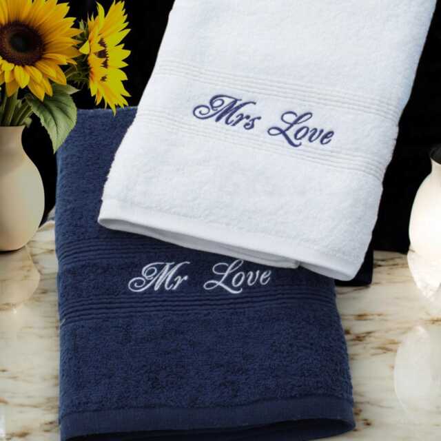 Personalised Bath Towel Set - Embroidered Navy & White Couples Gift - image 1