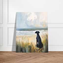 Black Greyhound Beach Wall Art Print in An Oil Painting Style, Gift For Greyhound Lover, Owner Memorial Portrait Poster - thumbnail 1