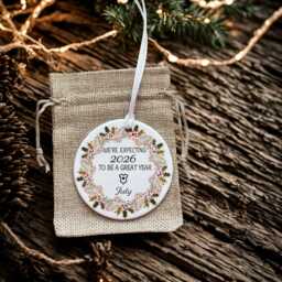 Personalised Pregnancy Expecting Announcement Christmas Gift Ceramic Circle Decoration Bauble Ornament Holly Wreath Design Diamante Detail - thumbnail 2