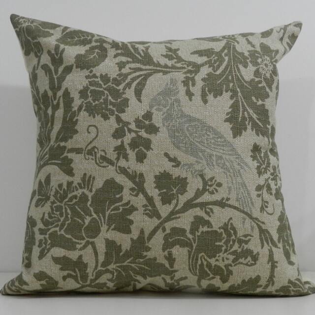 New 18x18 Inch Designer Handmade Pillow Case in Kelp With Dusty Blue Bird