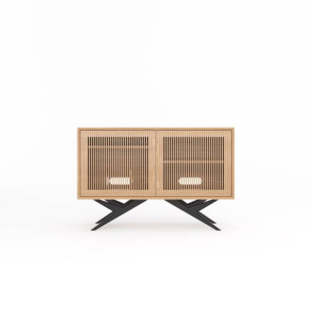 Mid Century Modern Oak Record Player Stand, Vinyl Storage Cabinet, Black Aluminum Base - image 1