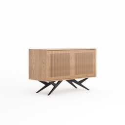 Mid Century Modern Oak Record Player Stand, Vinyl Storage Cabinet, Black Aluminum Base - thumbnail 2