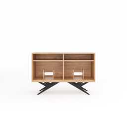 Mid Century Modern Oak Record Player Stand, Vinyl Storage Cabinet, Black Aluminum Base - thumbnail 3