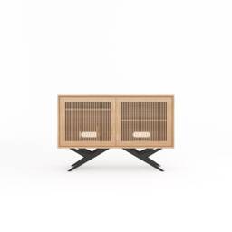 Mid Century Modern Oak Record Player Stand, Vinyl Storage Cabinet, Black Aluminum Base
