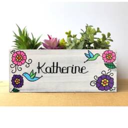 Personalized Hummingbird Planter Hand-Painted Succulent Garden Box - thumbnail 1
