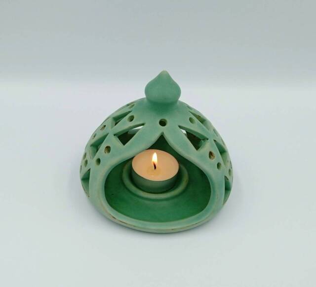 Greek Ceramics - Handmade Ceramic Tealight Holder Turquoise Candle Lantern - image 1