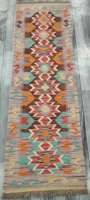 Multicolour Runner Rug, Handmade Artisan Afghan Turkish Scandinavian Navajo Bohemian Flatweave Wool Kilim 194x61 cm - image 1
