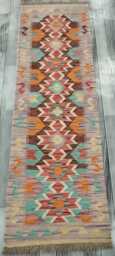 Multicolour Runner Rug, Handmade Artisan Afghan Turkish Scandinavian Navajo Bohemian Flatweave Wool Kilim 194x61 cm - thumbnail 1