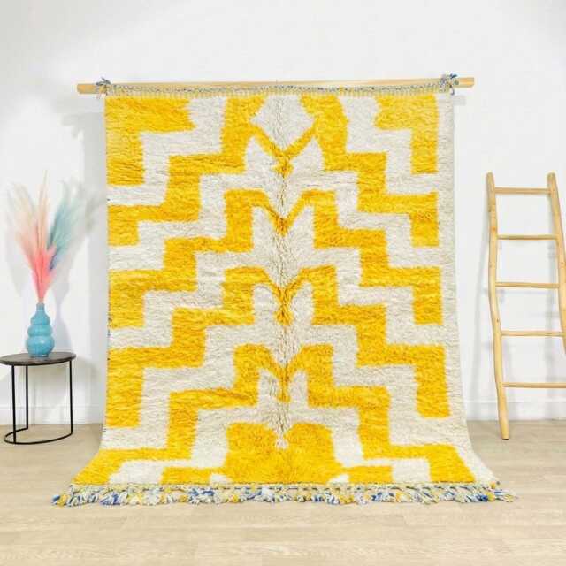 Moroccan Yellow Berber Rug, Handwoven Wool Shag Rug With Zigzag Geometric Pattern, Authentic Beni Ourain Style Carpet, Large 9x12 Area - image 1