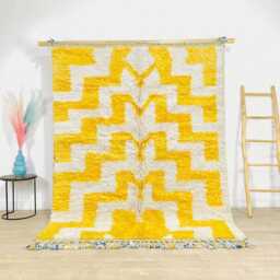 Moroccan Yellow Berber Rug, Handwoven Wool Shag Rug With Zigzag Geometric Pattern, Authentic Beni Ourain Style Carpet, Large 9x12 Area - thumbnail 1