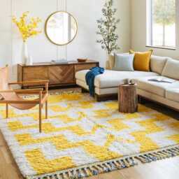 Moroccan Yellow Berber Rug, Handwoven Wool Shag Rug With Zigzag Geometric Pattern, Authentic Beni Ourain Style Carpet, Large 9x12 Area - thumbnail 3