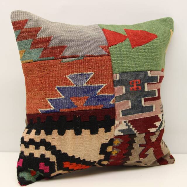 Patchwork Kilim Pillow Cover, Turkish Handwoven Accent Cushion - 18x18 Inch - image 1