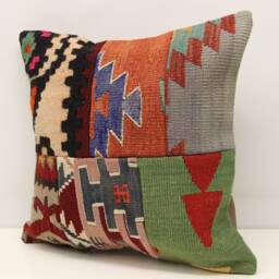 Patchwork Kilim Pillow Cover, Turkish Handwoven Accent Cushion - 18x18 Inch - thumbnail 3
