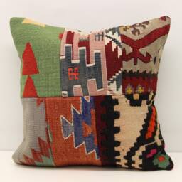 Patchwork Kilim Pillow Cover, Turkish Handwoven Accent Cushion - 18x18 Inch - thumbnail 2