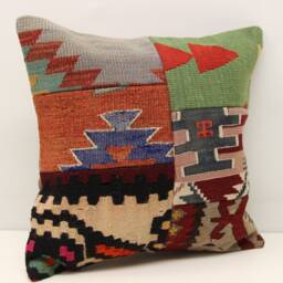 Patchwork Kilim Pillow Cover, Turkish Handwoven Accent Cushion - 18x18 Inch - thumbnail 1