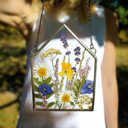 Pressed Flower Art in Stained Glass Frame, Botanical Wall Art, Suncatcher - thumbnail 2