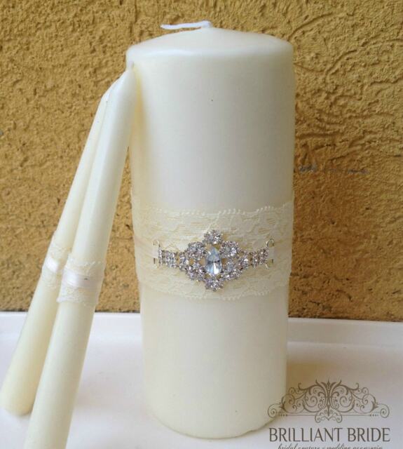 Wedding Unity Candles White Or Ivory - White Candle with Rhinestone Unity Candle Set With Lace, Ribbons & Bling, Candles For Wedding - image 1