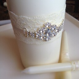 Wedding Unity Candles White Or Ivory - White Candle with Rhinestone Unity Candle Set With Lace, Ribbons & Bling, Candles For Wedding - thumbnail 2