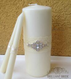 Wedding Unity Candles White Or Ivory - White Candle with Rhinestone Unity Candle Set With Lace, Ribbons & Bling, Candles For Wedding