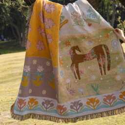 Horse Jacquard Throw Blanket, Colorful Floral Tapestry, Fringe Sofa Cover, Cozy Nap Blanket - thumbnail 1
