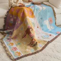 Horse Jacquard Throw Blanket, Colorful Floral Tapestry, Fringe Sofa Cover, Cozy Nap Blanket - thumbnail 2