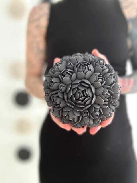 Black Round Porcelain Wall Sculpture - Escheveria Art, White Ceramic Sculpture, Textured Tile - image 1