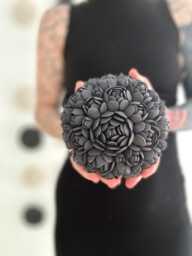 Black Round Porcelain Wall Sculpture - Escheveria Art, White Ceramic Sculpture, Textured Tile