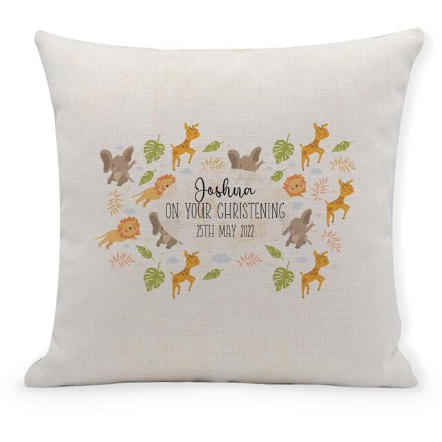 Personalised Jungle Animals Christening Cushion Cover Nursery Decor - image 1