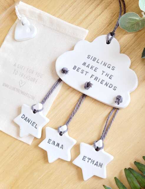Siblings Make The Best Friends Clay Keepsake, Brother Sister Personalised Gift, New Baby Older Sibling Cloud Nursery Decoration - image 1