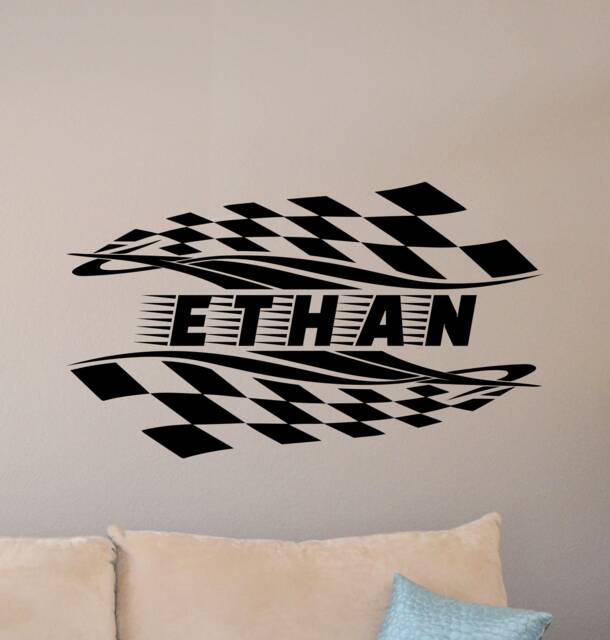 Personalized Racing Wall Decal Flags Poster Car Racer Gift Custom Name Sign Playroom Vinyl Sticker Print Mural Decor Art 6T78 - image 1