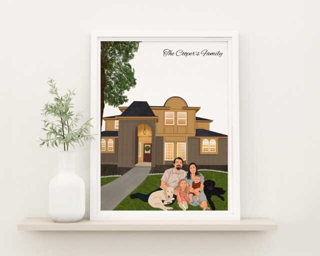 Family With House Portrait, Illustration, Personalized Gift For Family, Custom Drawing From Photo, Housewarming Gift, Pet - image 1