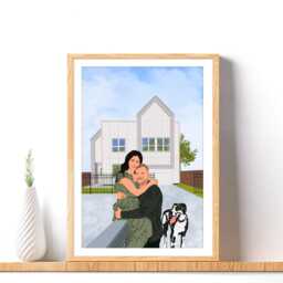 Family With House Portrait, Illustration, Personalized Gift For Family, Custom Drawing From Photo, Housewarming Gift, Pet - thumbnail 3
