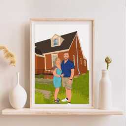 Family With House Portrait, Illustration, Personalized Gift For Family, Custom Drawing From Photo, Housewarming Gift, Pet - thumbnail 2
