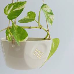 Small Ceramic Plant Hanger Off White & Gold, Modern Design Pot, Pot For Cactus Or Succulent Plant, Minimalist Style - thumbnail 3