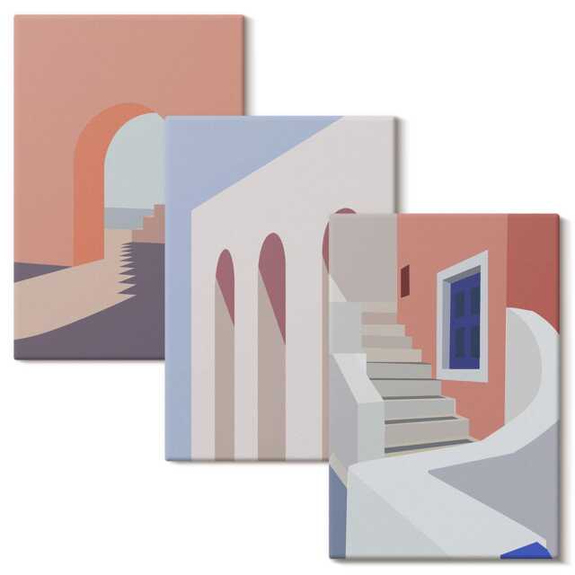 Canvas Wall Art Set Of 3 - Illustrations Urban Architecture in A Minimalist Style, Orange Large, Travels Decor - image 1