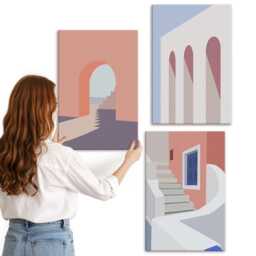 Canvas Wall Art Set Of 3 - Illustrations Urban Architecture in A Minimalist Style, Orange Large, Travels Decor - thumbnail 2