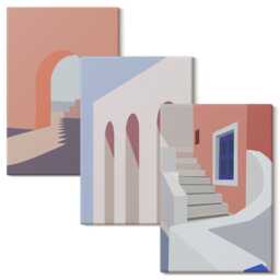 Canvas Wall Art Set Of 3 - Illustrations Urban Architecture in A Minimalist Style, Orange Large, Travels Decor - thumbnail 1