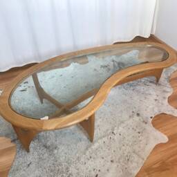 Mid Century Style White Oak & Glass Kidney Shaped Coffee Table - thumbnail 2