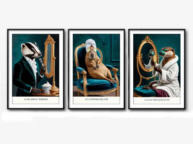 Renaissance Animal Bathroom Art Prints Capybara, Otter, Badger Trio Wall Decor - image 1