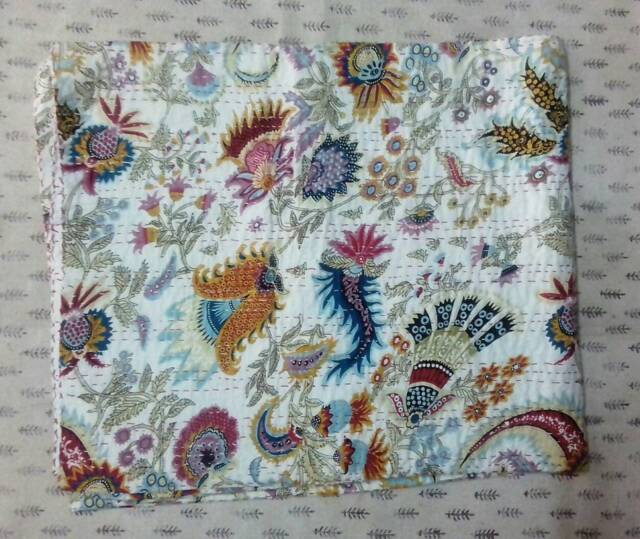 Indian Bedspread Handmade Floral Kantha Quilt Gudri Blanket Throw Bedcover Size Multi - image 1