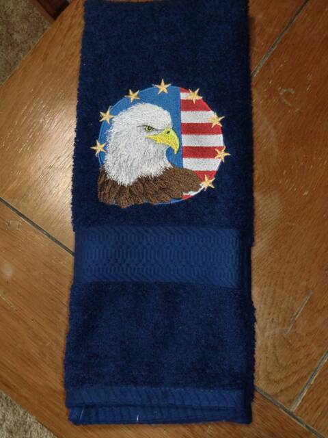 Embroidered Terry Hand Towel - 4Th Of July Eagle Head W/Flag & Stars Navy