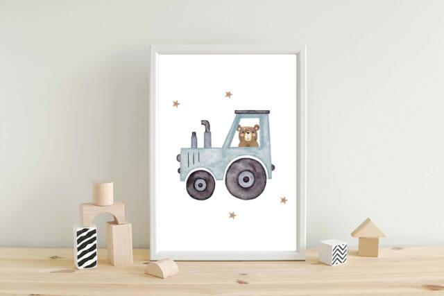Nursery Bedroom Teddy Bear Tractor Farm Name Print, New Baby Gift, Theme Bedroom, Beige Brown Grey Blue Christening Birthday Gift - image 1