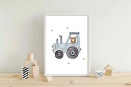 Nursery Bedroom Teddy Bear Tractor Farm Name Print, New Baby Gift, Theme Bedroom, Beige Brown Grey Blue Christening Birthday Gift - thumbnail 1