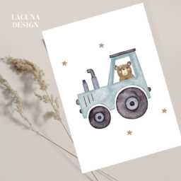 Nursery Bedroom Teddy Bear Tractor Farm Name Print, New Baby Gift, Theme Bedroom, Beige Brown Grey Blue Christening Birthday Gift - thumbnail 2