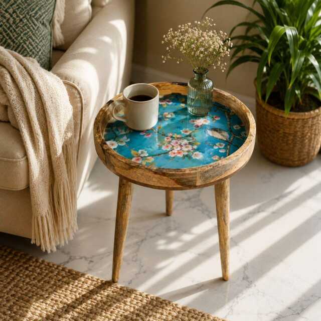 Handcrafted Mango Wood Side Table Florence Enamel Accent - image 1