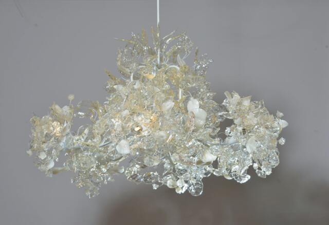 Chandelier Ceiling Light With Clear Transparent & White Leaves Flowers For Living Room Or Dining Table - Unique Elegant Lighting - image 1