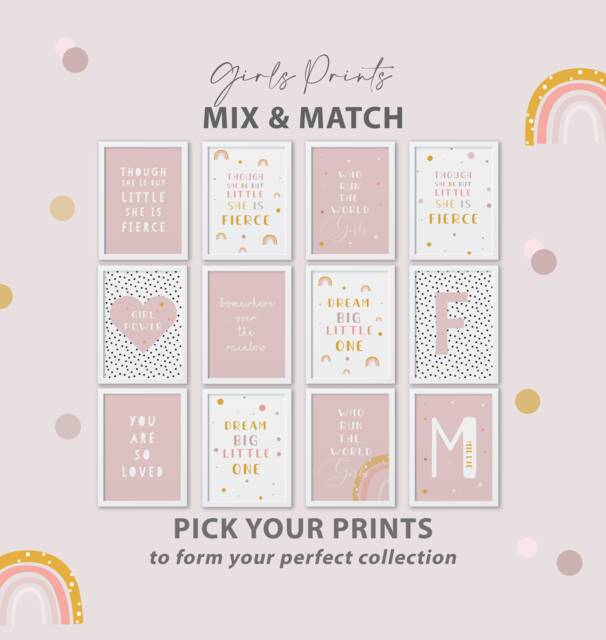 Mix & Match Girls Pink Nursery Prints Set Rainbow Wall Art, Playroom Decor - image 1
